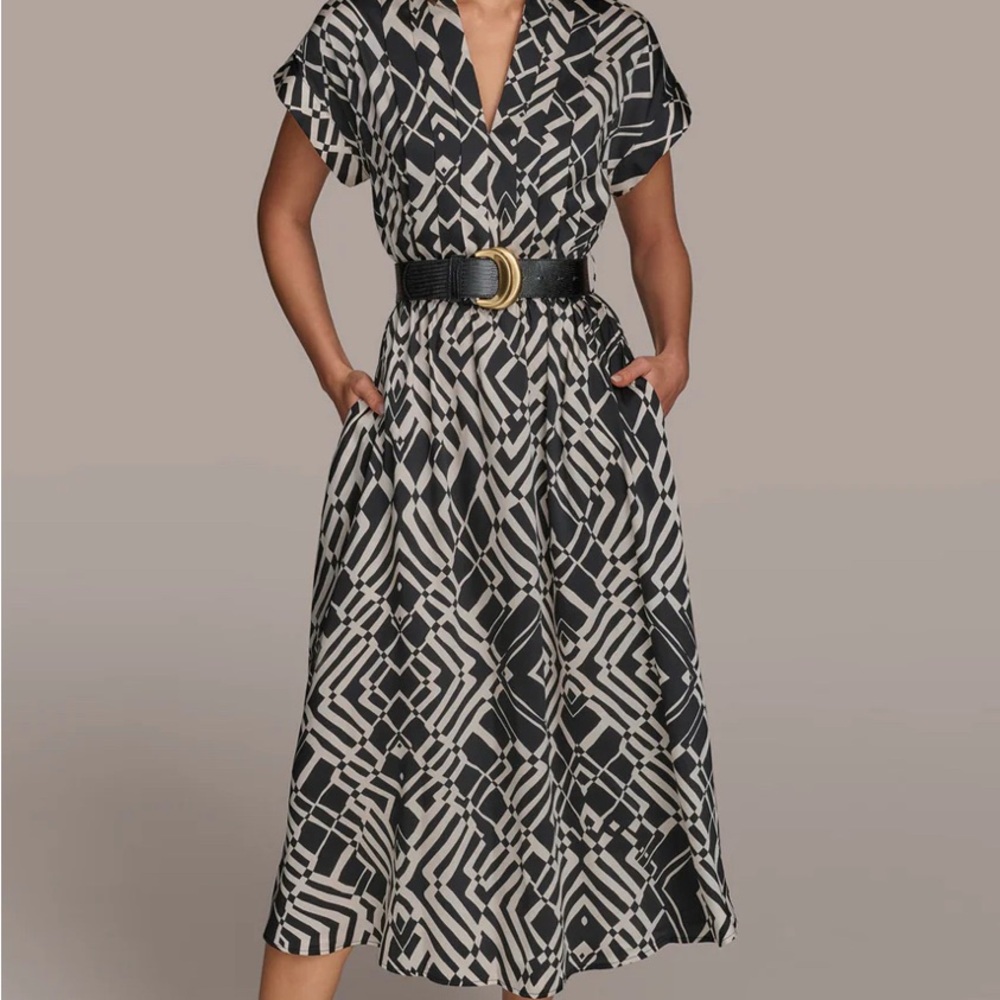 Donna Karan Black and Cream Geometric Midi Dress with Belt (new with tags)